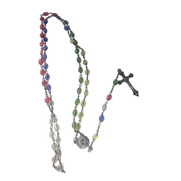 Multicolor Plastic Bead Holy Rosary 32" Child Prayer Crucifix Colorful Dainty - Picture 2 of 7
